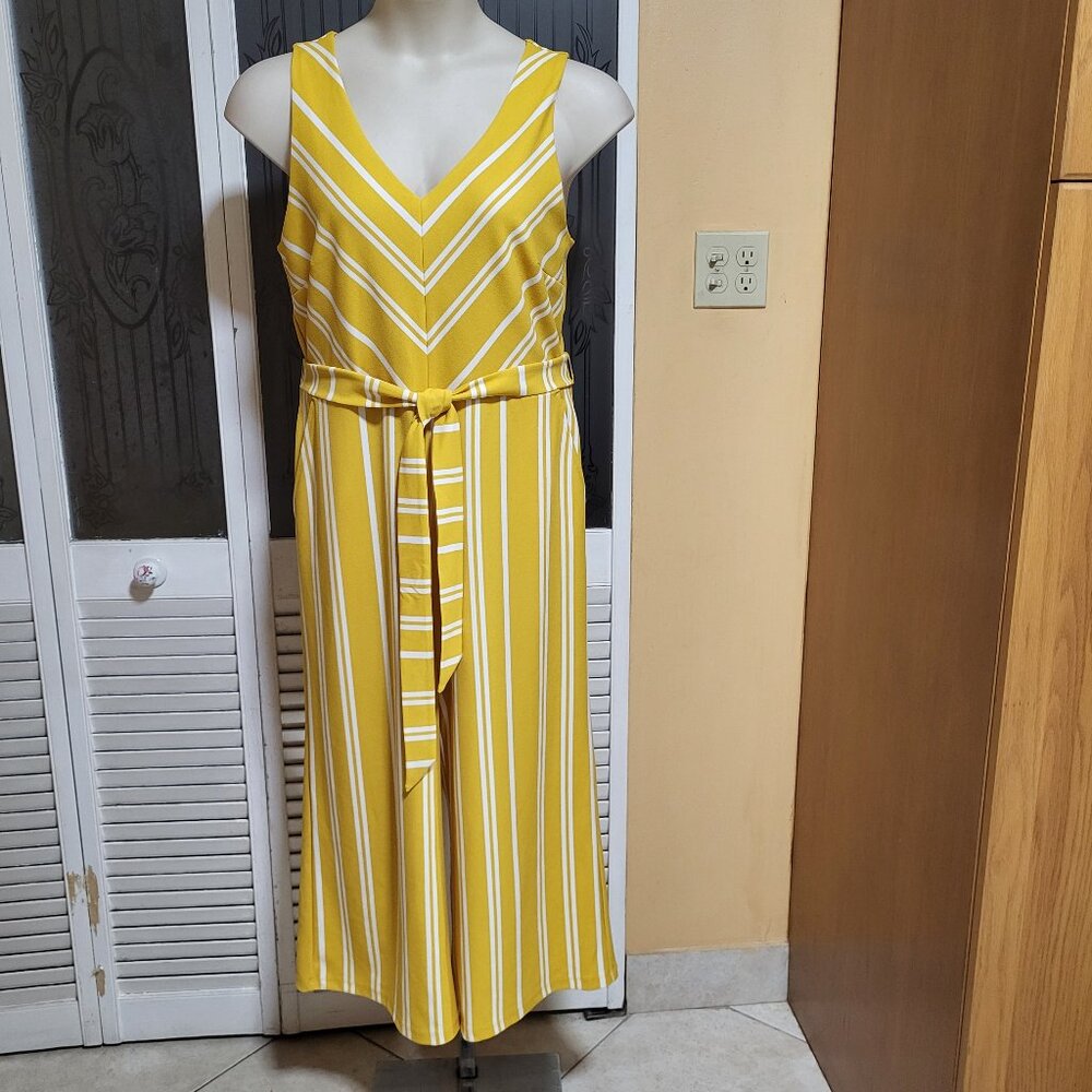 ANN TAYLOR WOMEN'S SLEEVELESS V-NECK STRIPED TIE-BELT JUMPSUIT